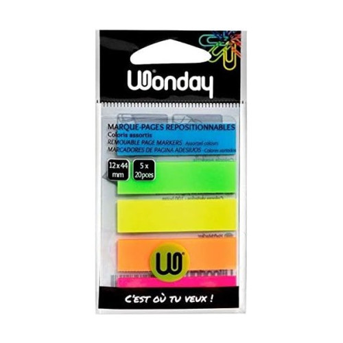 WONDAY - Marque-Pages Souples Repositionnables 12x44mm Fluo (lot de 100)