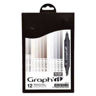 Graph'IT Marker - 12 Twin Tip Alcohol Based Markers - MIX GREY COLORS - 12 Variations of Grey