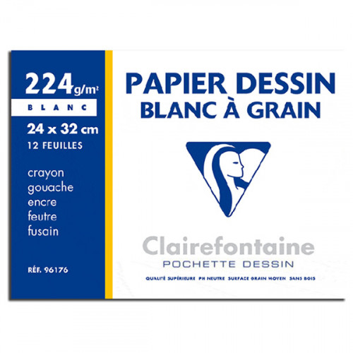 Clairefontaine - Grained Drawing Paper - Envelope of 12 Sheets - 224 gsm - 24 x 32 cm