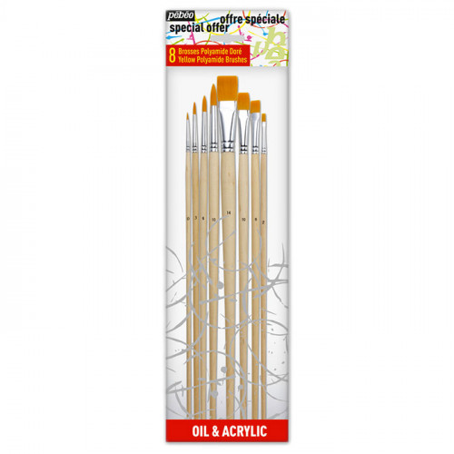 Pébéo - 8 Yellow Polyamide Brushes - Acrylic & Oil