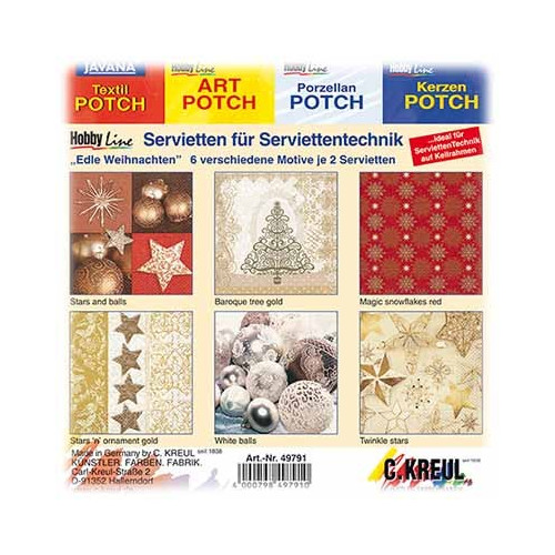 C.KREUL - Napkin Set of 12 - 'Glamorous Christmas' - 6 Motives (2 of Each)