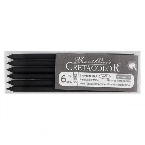 Cretacolor - Box of 6 Artists Leads 5.6mm - Charcoal - 260 01 - Soft
