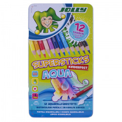 JOLLY - Supersticks Aqua - 12 Crayons de Couleur - Boîte Métal