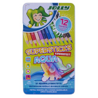 JOLLY - Supersticks Aqua - 12 Crayons de Couleur - Boîte Métal