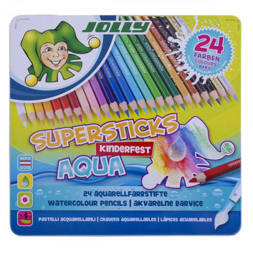 JOLLY - Supersticks Aqua - 24 Crayons de Couleur - Boîte Métal