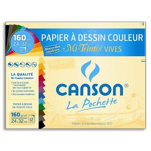 Canson® - Mi-Teintes® VIVES - Pochette de 12 Feuilles - 160 g/m² - 24 x 32 cm