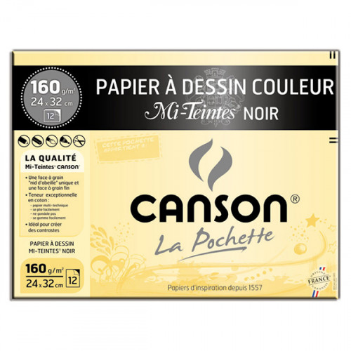 Canson® - Mi-Teintes® NOIR (BLACK) - Folder of 12 Sheets - 160 gsm - 24 x 32 cm
