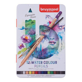 BRUYNZEEL - Expression Aquarelle - Crayons Aquarellables - 12 Couleurs - Boîte Métal