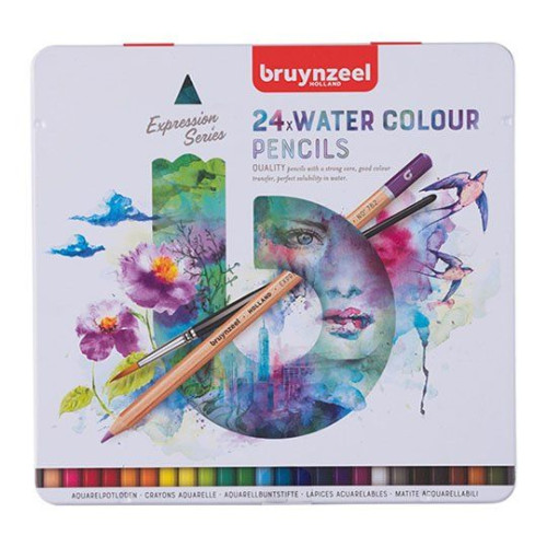 BRUYNZEEL - Expression Aquarelle - Crayons Aquarellables - 24 Couleurs - Boîte Métal