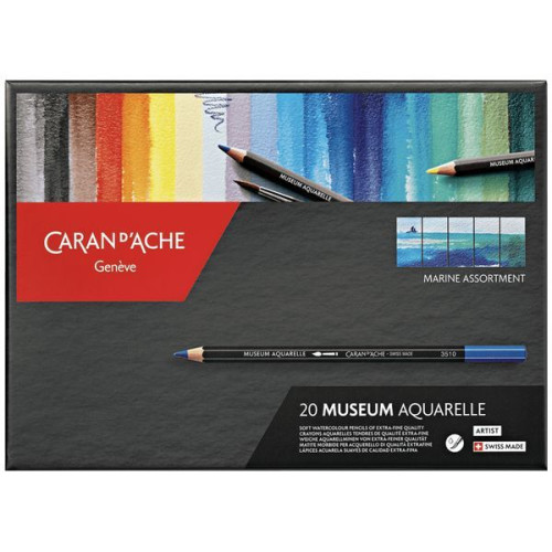 CARAN D'ACHE - Museum Aquarelle - Crayons Aquarellables - 20 Couleurs - Coffret Marine