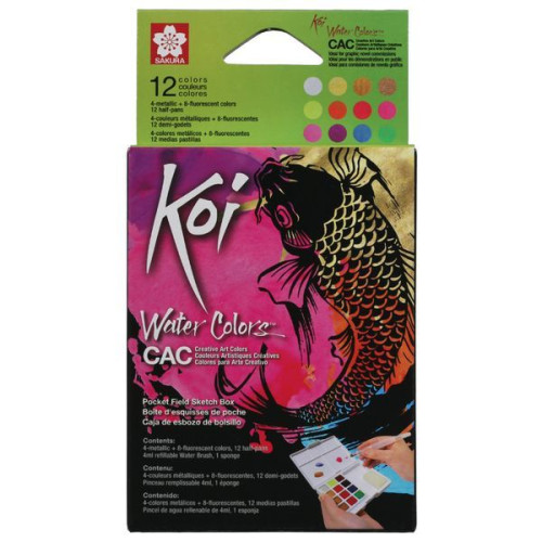 SAKURA - KOI - Aquarelle - Sketch Box - 12 Demi-Godets - Métallisés & Fluorescents