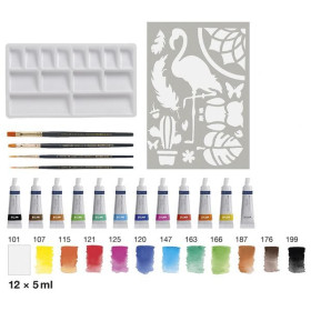FABER-CASTELL - Watercolour Set - 12 Tubes 5ml + Brushes + Palette + Stencil - 18 Pieces