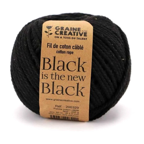 GRAINE CREATIVE - Ficelle Coton Câblé - 2,5 mm - 80 m - 200 g - Noir