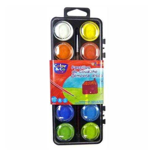 Color & Co - Pastilles de Gouache - Ø28mm - Boîte de 12 Pastilles & 1 Pinceau