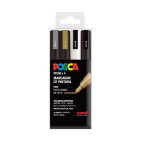 POSCA - Marqueurs PC-3M - Étui de 4 - Or Argent Blanc Noir