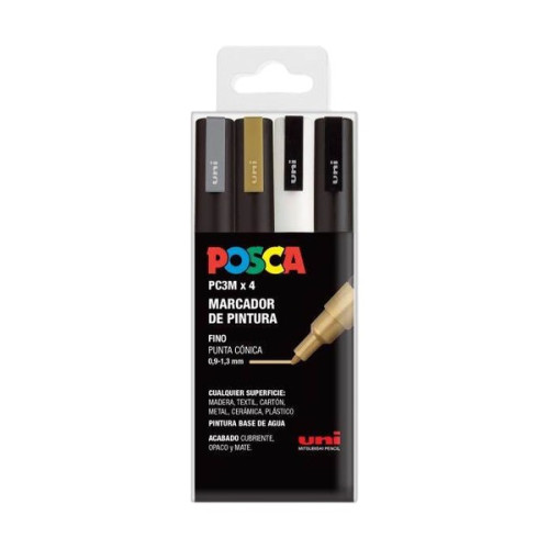 POSCA - Marqueurs PC-3M - Étui de 4 - Or Argent Blanc Noir